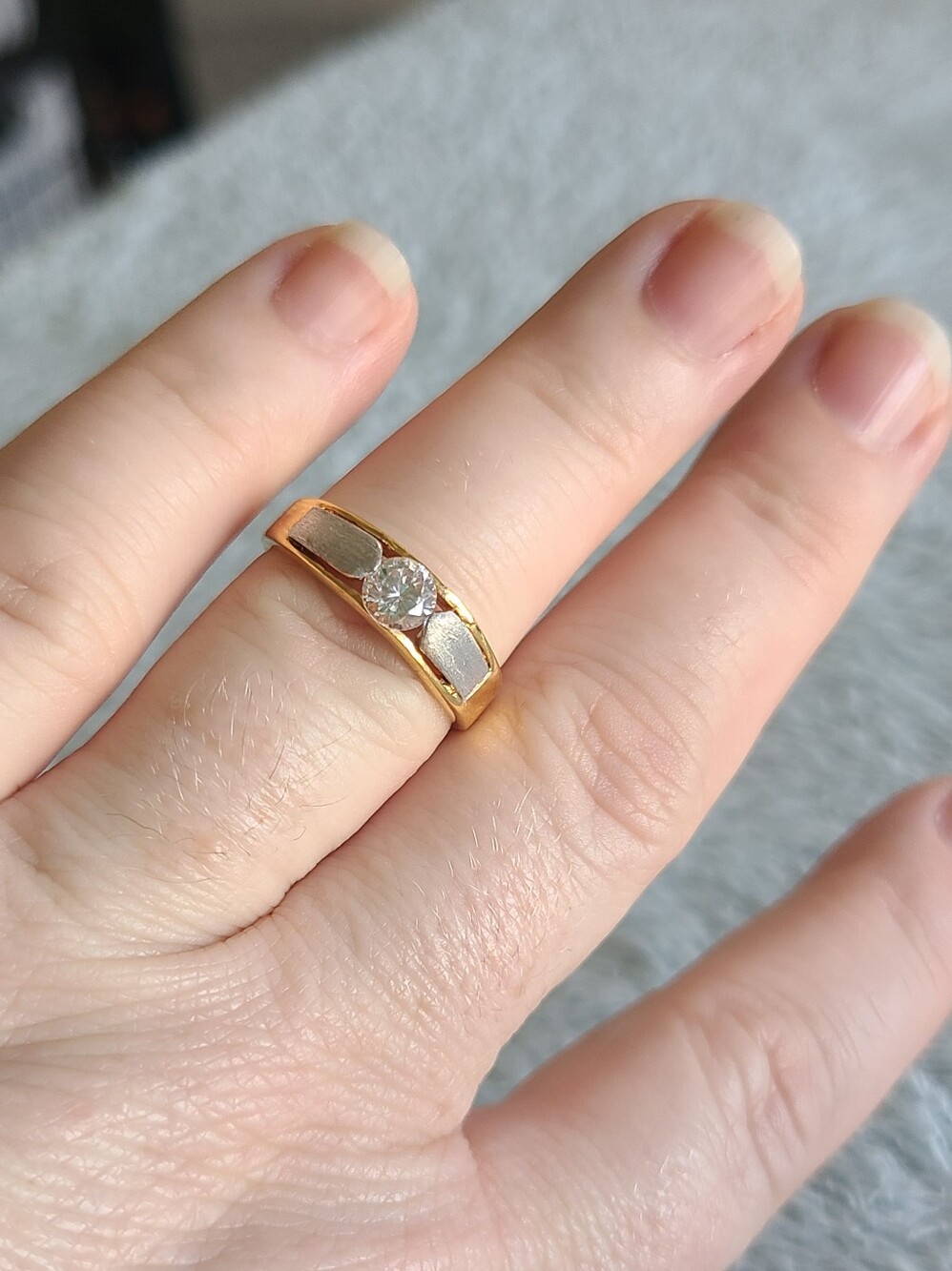Gold and Silver Two-Tone Solitaire Ring with Clear CZ Gem